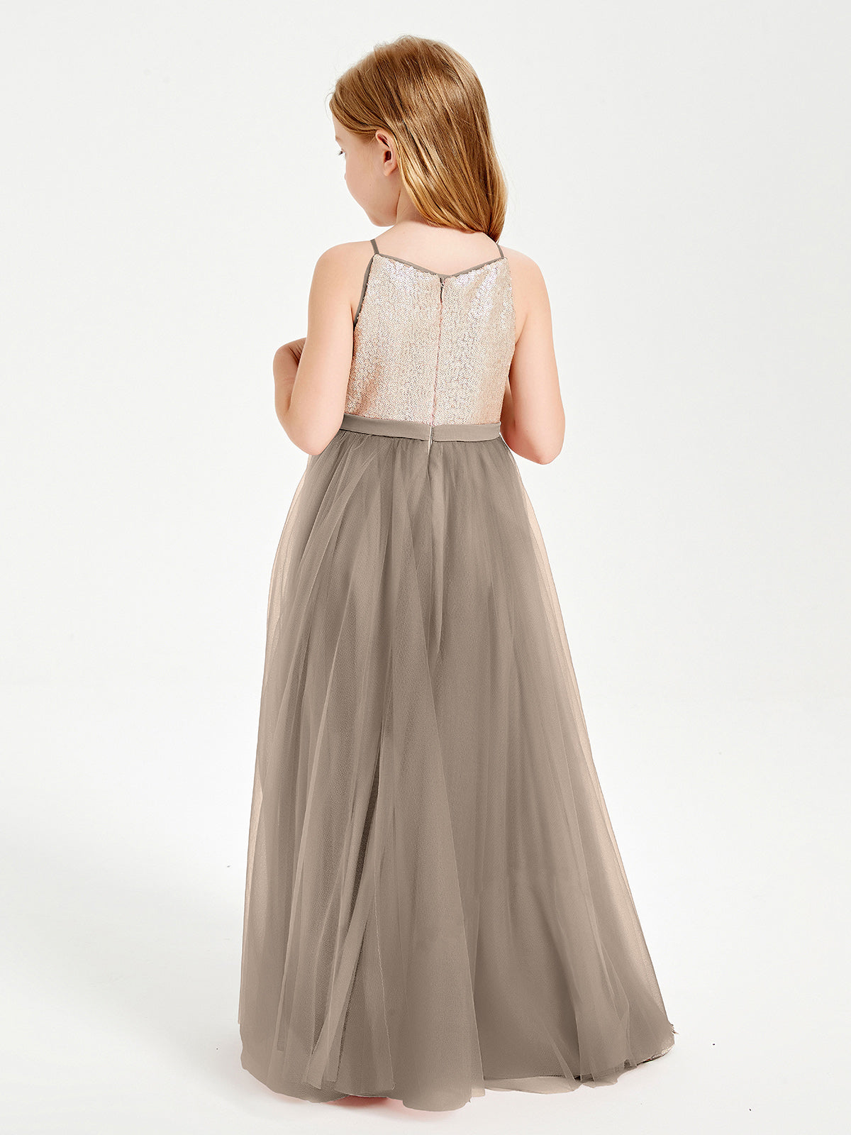 Sequined Top Long Tulle Junior Bridesmaid Gown Taupe